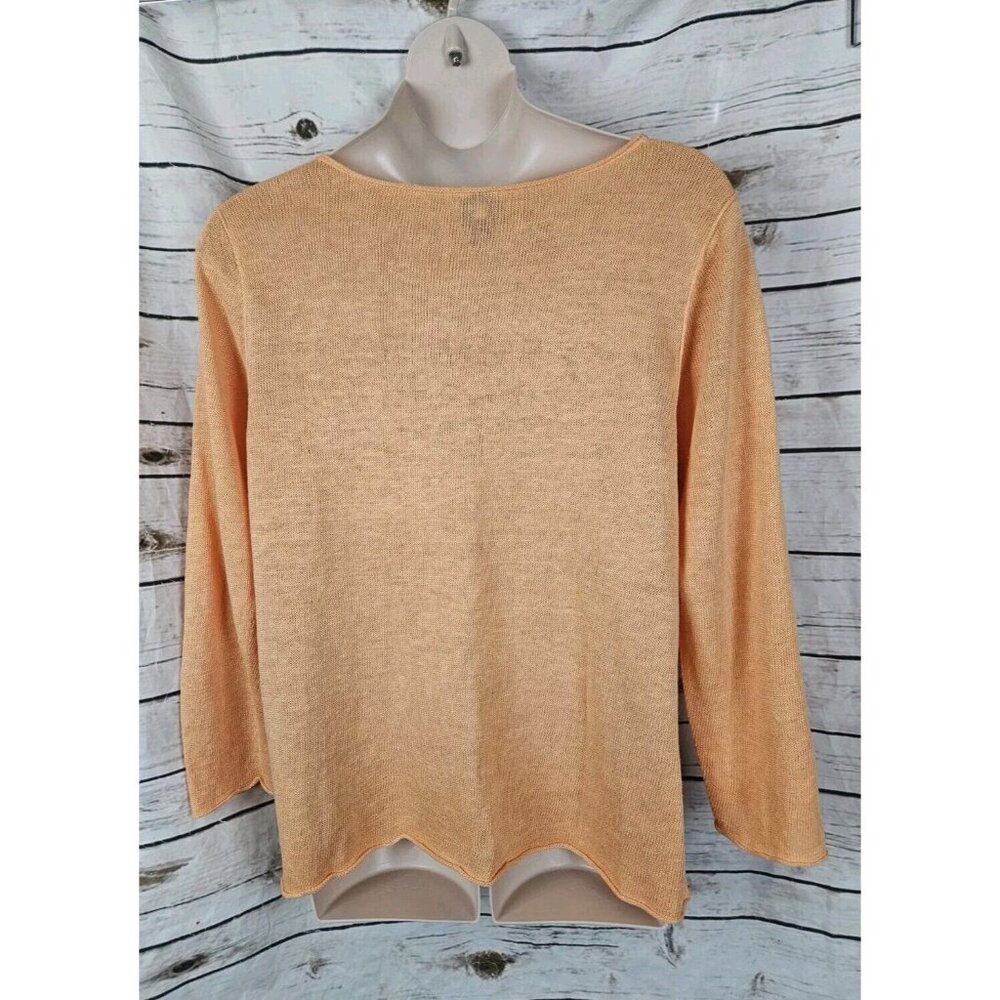 Eileen Fisher Orange Sherbet Sweater Top 100% Linen Beachy Henley Long Sleeves - Picture 5 of 7